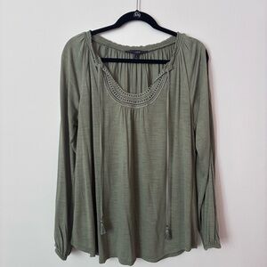 White House Black Market Boho Olive Sage Green Blouse w Peek a boo long sleeves